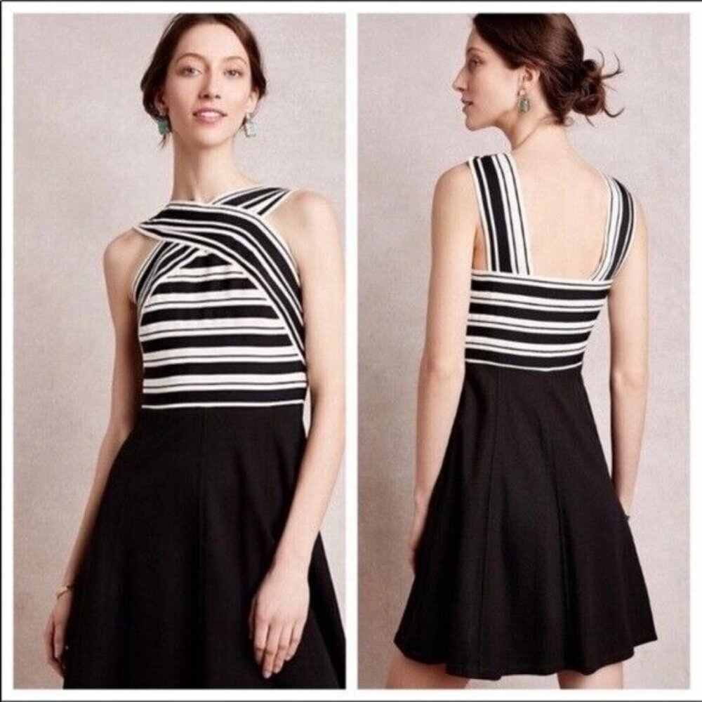 Anthropologie Maeve NWT Black White Crosswise Flare Bandage Dress‎ Size 2